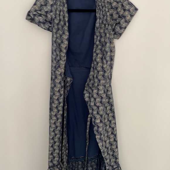 St. Roche - Floral Midi Wrap Cotton/Linen summer Dress XS in Navy Blue Tan (0/2) - Picture 4 of 5